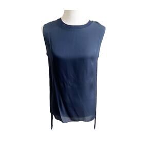Vince Tunic Top Womens 6 Navy Silk Satin Sleeveless Pullover Capsule Wardrobe